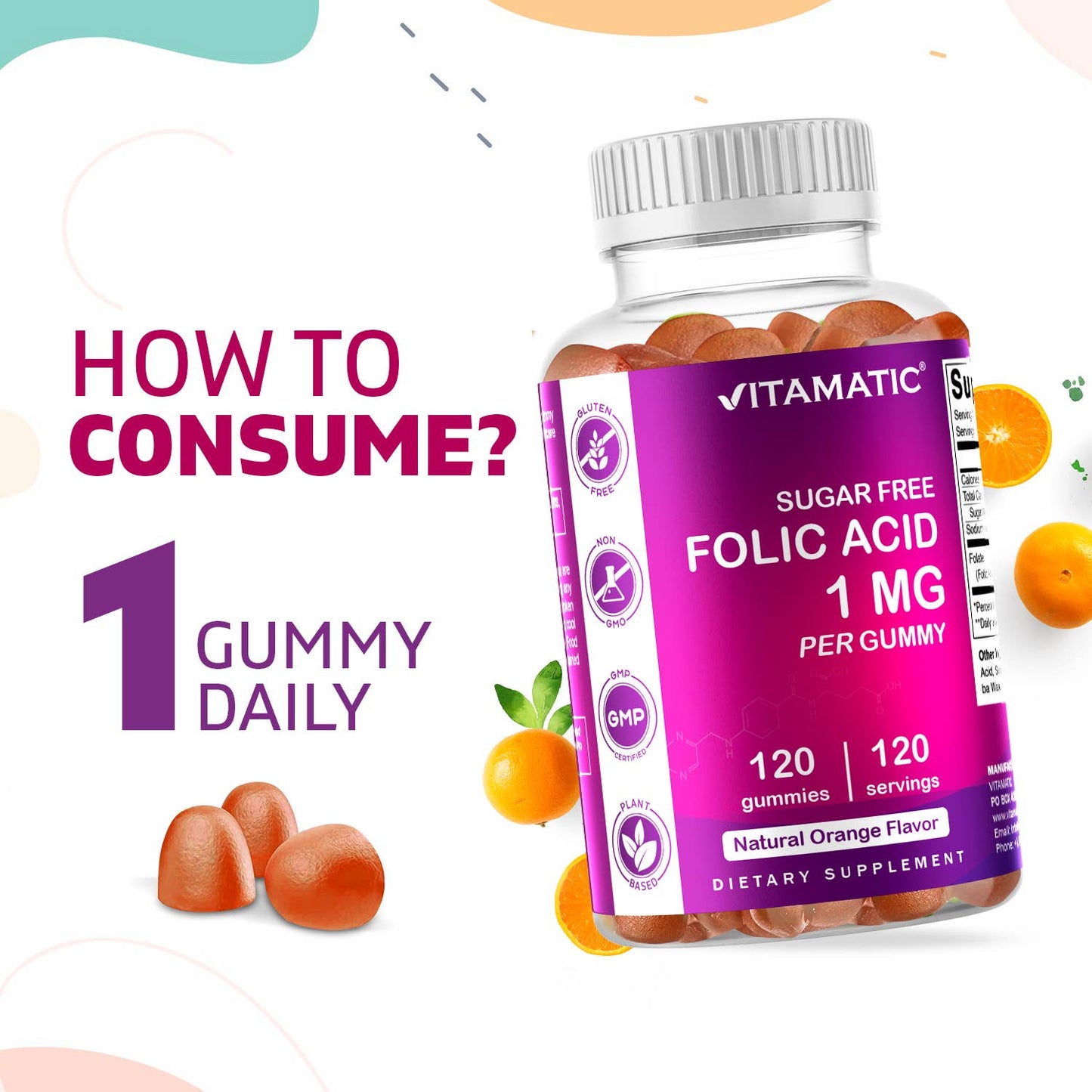 Vitamatic Folic Acid 1000mcg (1 mg) 120 gummies