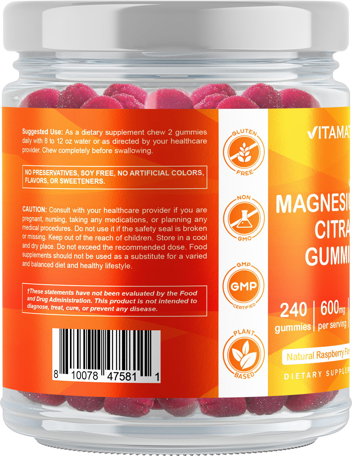 Vitamatic Magnesium Citrate Gummies 600mg per Serving - 240