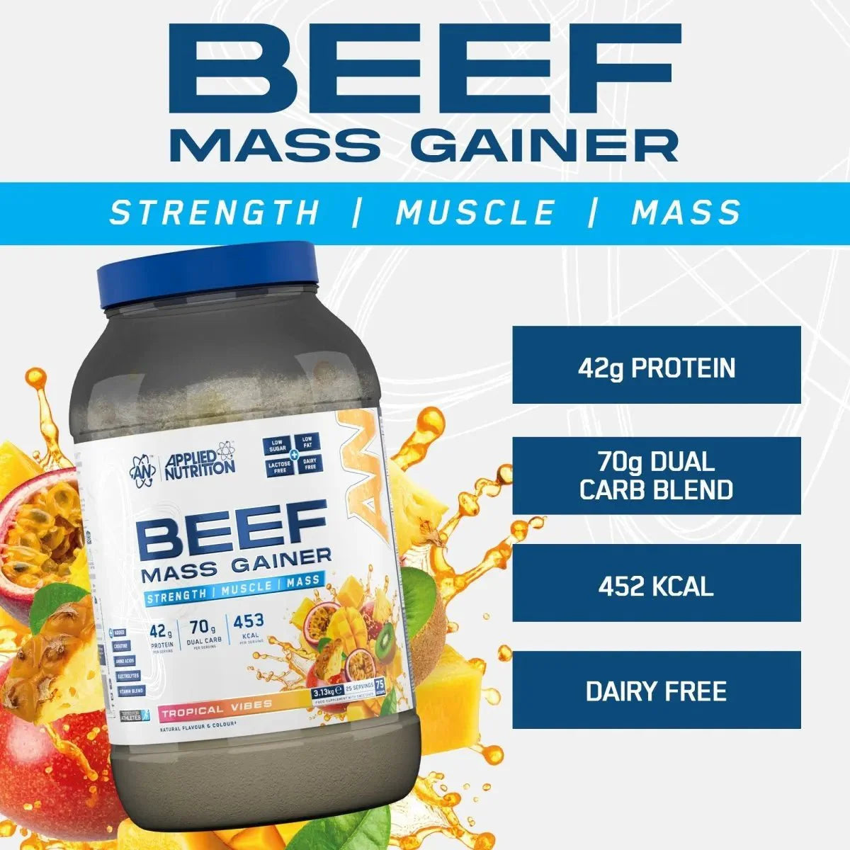 BEEF MASS GAINER 3.13 KG 25 servings, Lactose, dairy, gluten, and soy free