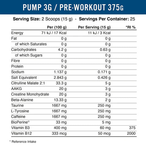 PUMP 3G 375G Energy Supplement - Fruit Burst & Icy Blue Raz Flavors