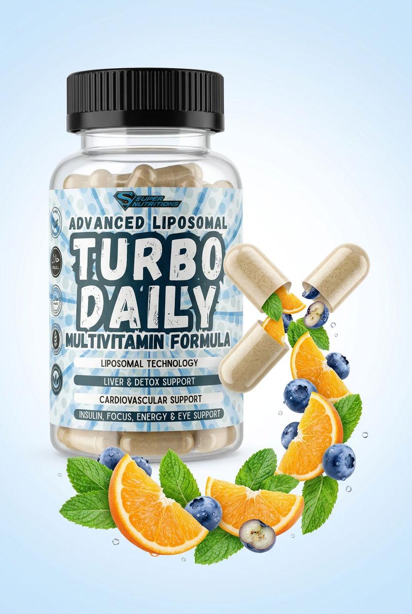 CGI advert of Super Nutritions Turbo Daily bottle with capsules bursting into orange slices, blueberries and mint leaves