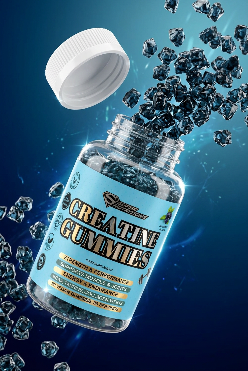 CGI advert of Super Nutritions Creatine Gummies bottle with gummies bursting out mid-air on a blue background