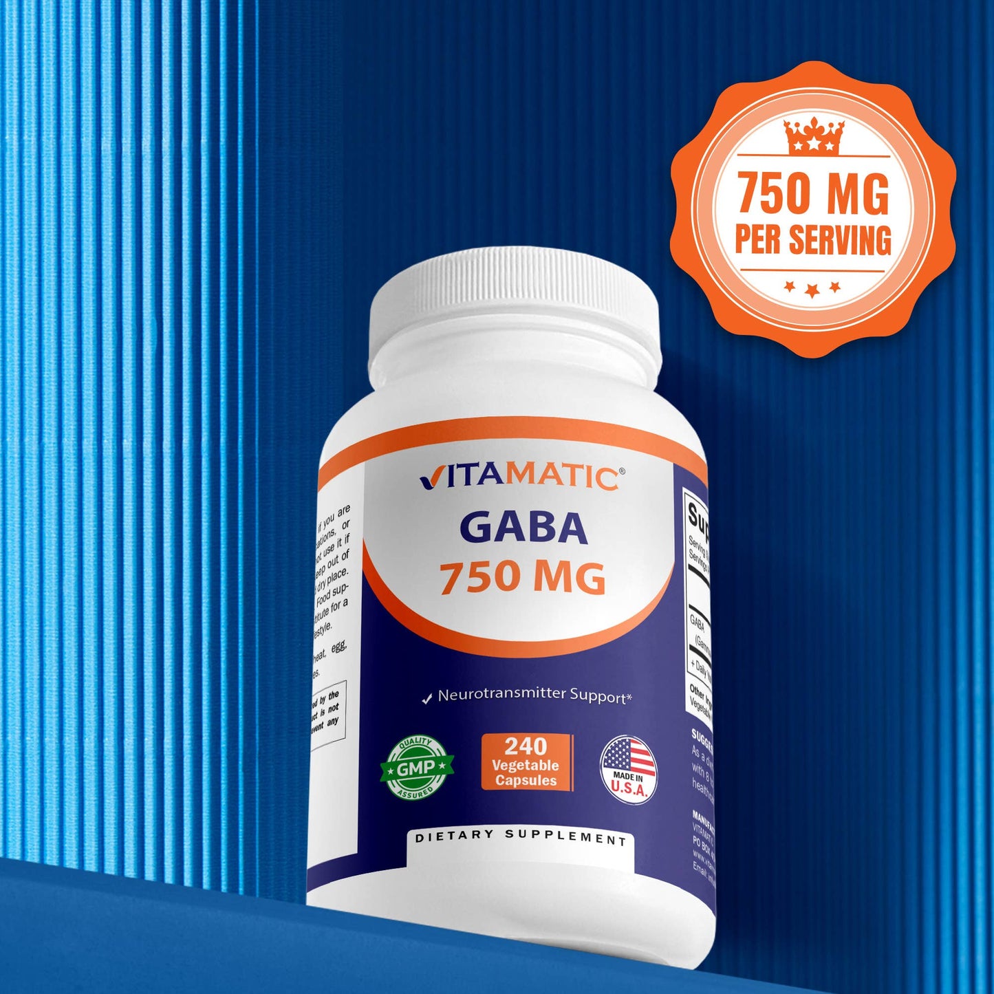 GABA (Gamma Aminobutyric Acid) 750mg -240 Capsules - 240 servings