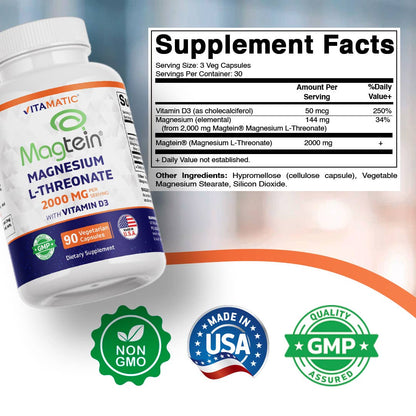 Vitamatic Magtein Magnesium L-Threonate 2000 mg with D3–90ct