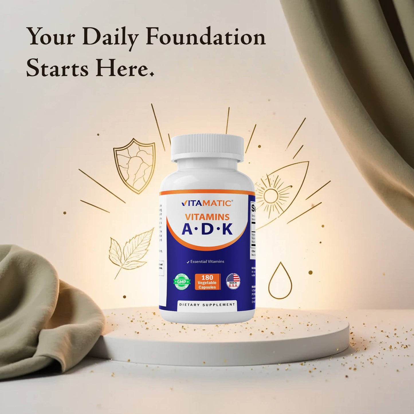 Vitamatic ADK Vitamin Supplement - Vitamins A, D3, K2 - 180 Capsules
