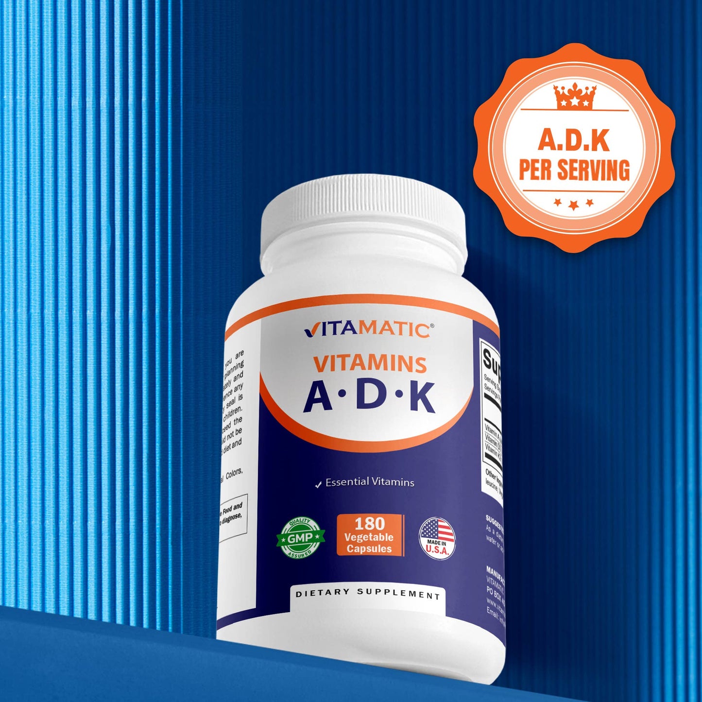 Vitamatic ADK Vitamin Supplement - Vitamins A, D3, K2 - 180 Capsules