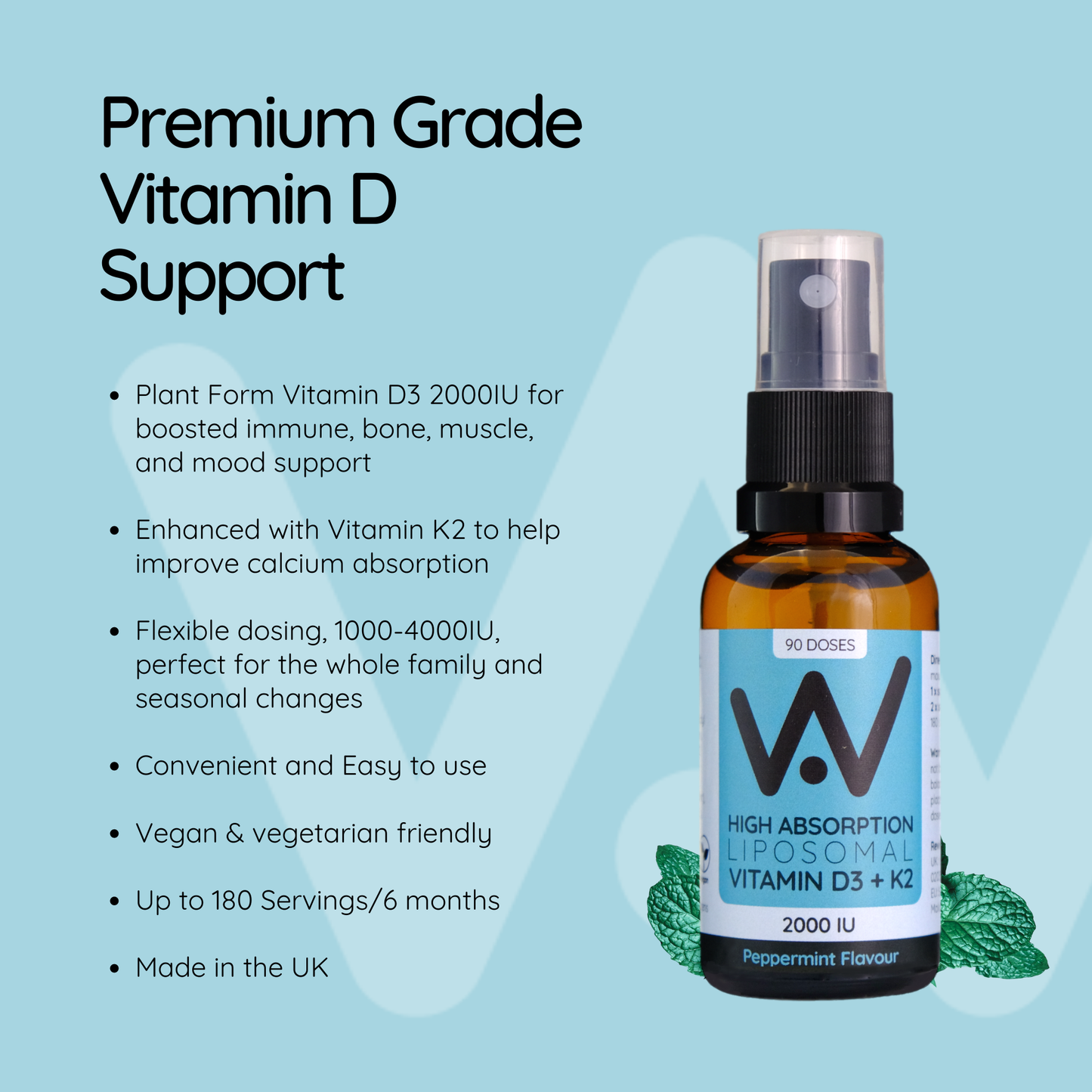 Vitamin D3 (2000IU) + K2 (100mcg) Liposomal Spray Peppermint