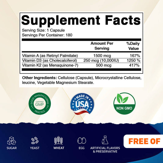 Vitamatic ADK Vitamin Supplement - Vitamins A, D3, K2 - 180 Capsules