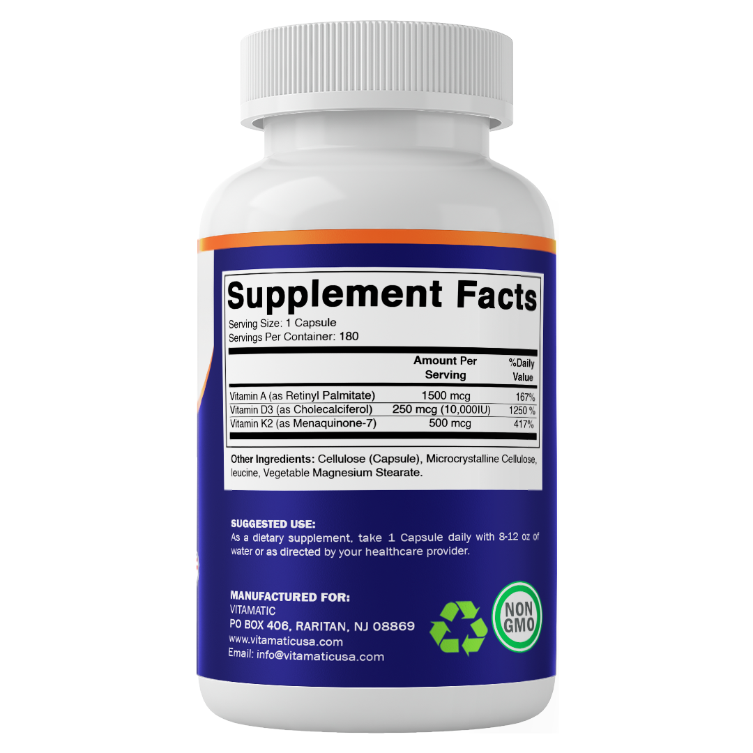 Vitamatic ADK Vitamin Supplement - Vitamins A, D3, K2 - 180 Capsules