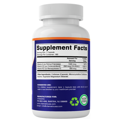 Vitamatic ADK Vitamin Supplement - Vitamins A, D3, K2 - 180 Capsules