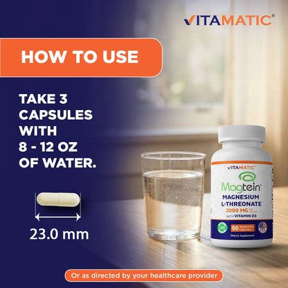 Vitamatic Magtein Magnesium L-Threonate 2000 mg with D3–90ct