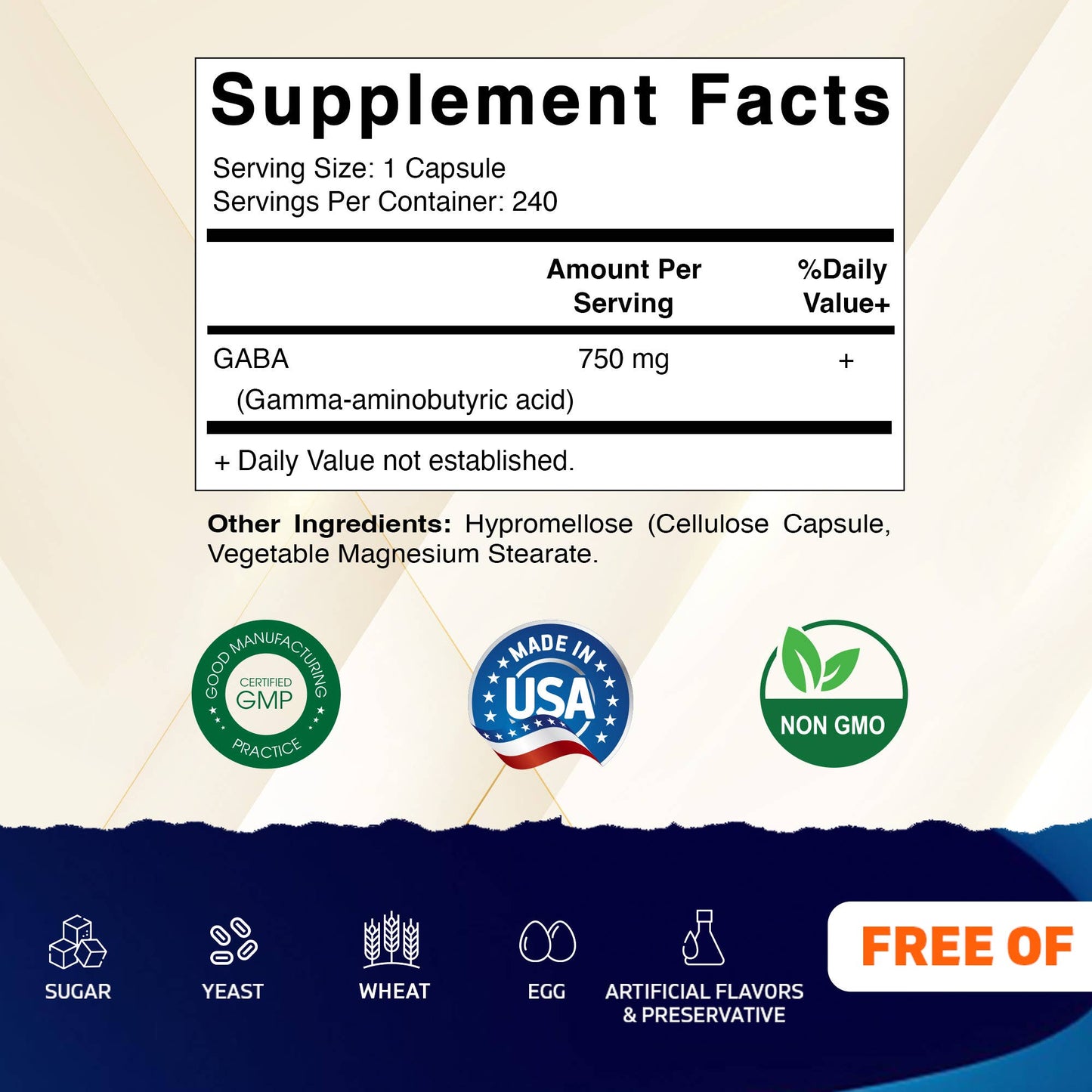 GABA (Gamma Aminobutyric Acid) 750mg -240 Capsules - 240 servings