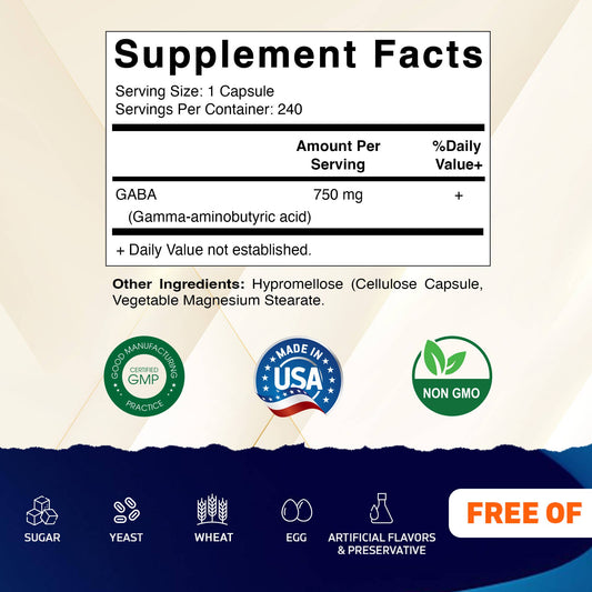 GABA (Gamma Aminobutyric Acid) 750mg -240 Capsules - 240 servings