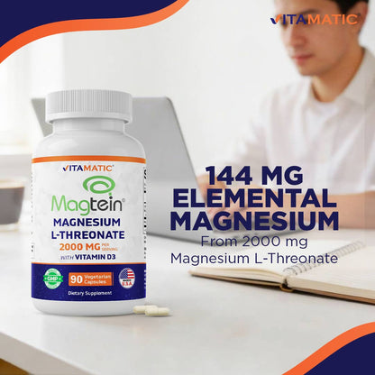 Vitamatic Magtein Magnesium L-Threonate 2000 mg with D3–90ct