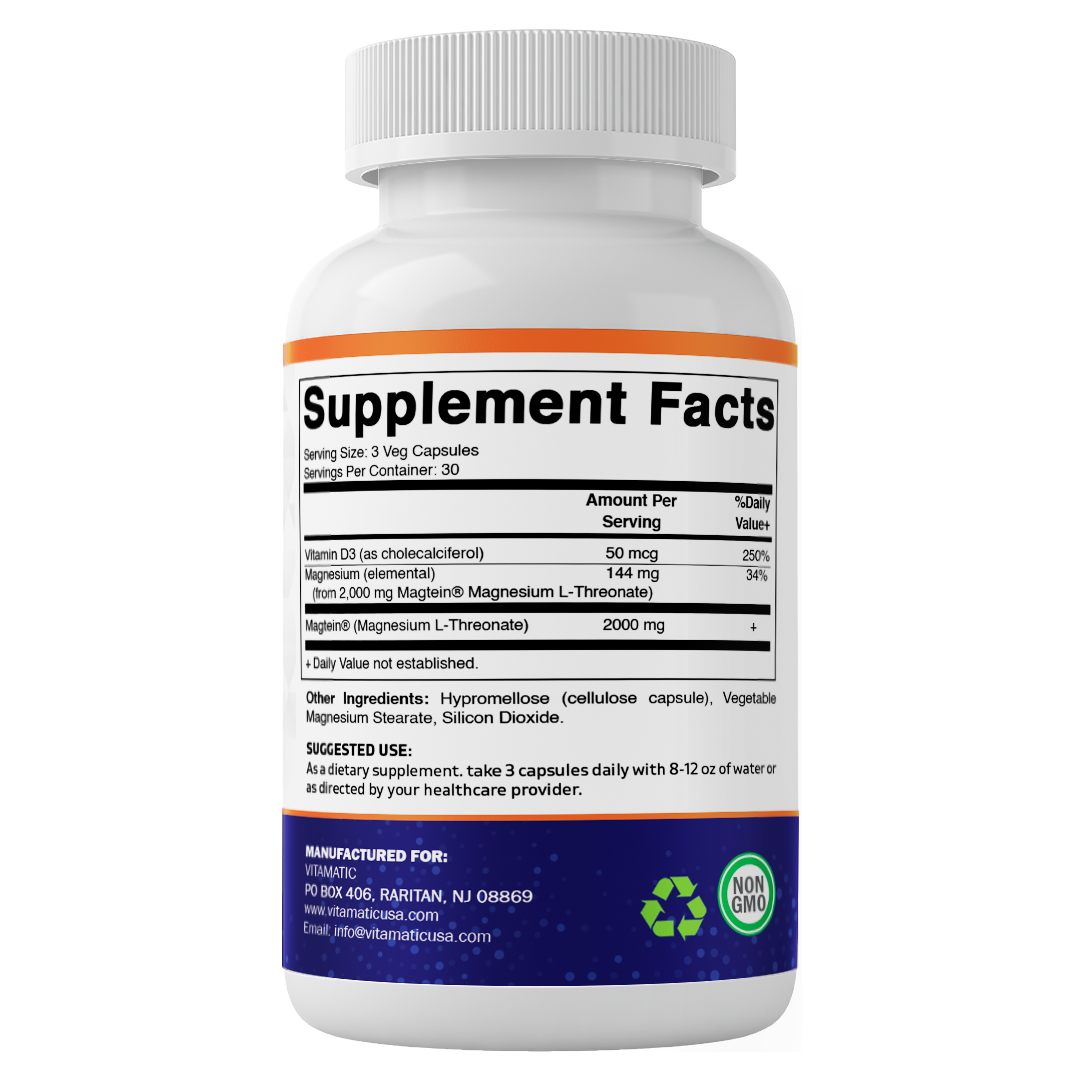 Vitamatic Magtein Magnesium L-Threonate 2000 mg with D3–90ct