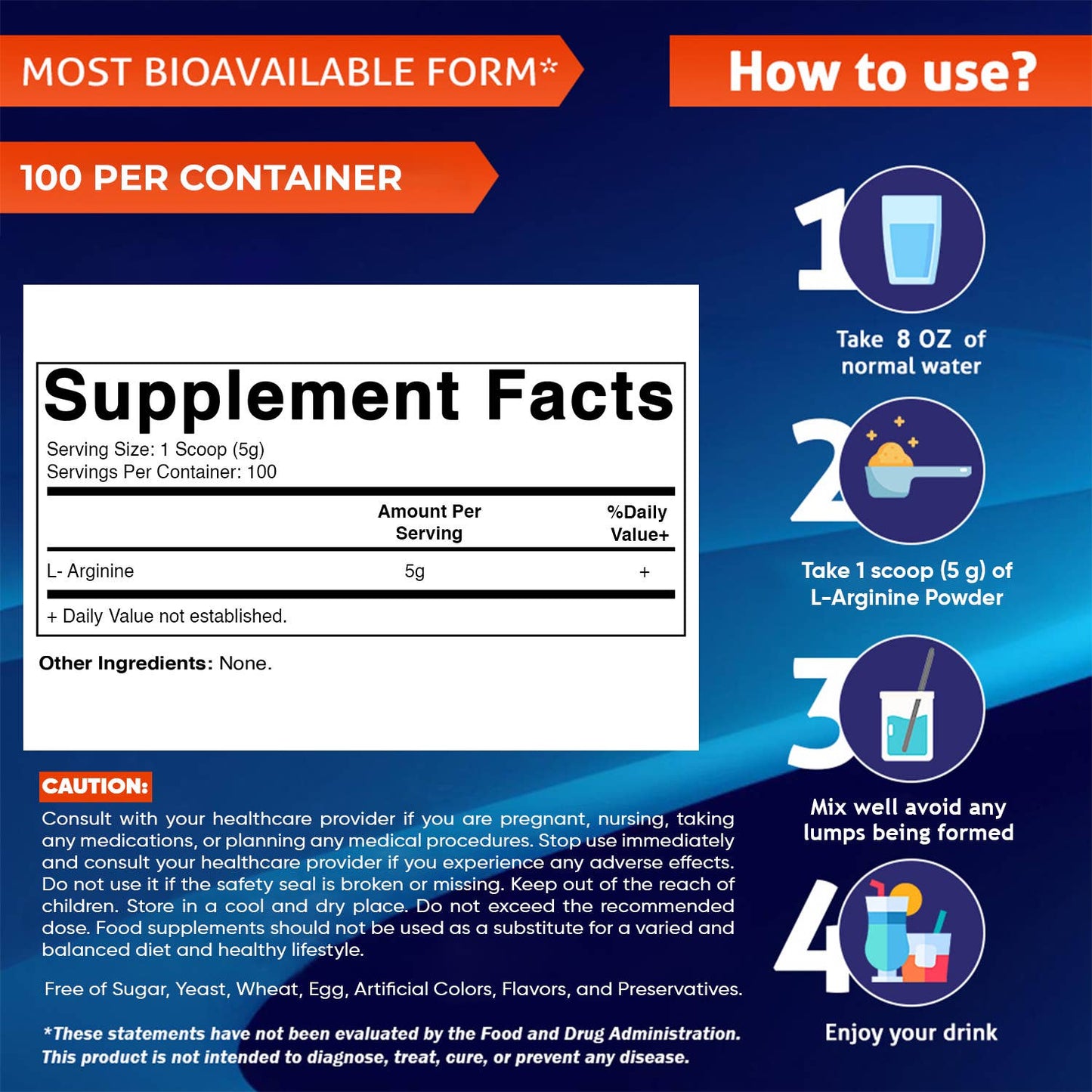 L-Arginine Pure Powder 500 Gram - 100 Servings