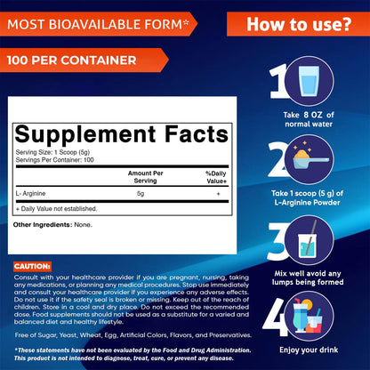 L-Arginine Pure Powder 500 Gram - 100 Servings