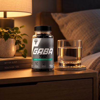GABA 750 bottle on nightstand in calm bedroom setting