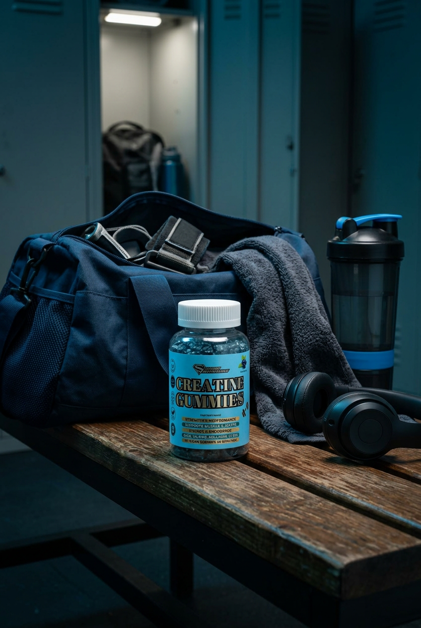 Super Nutritions Creatine Gummies bottle on a gym locker room bench with a gym bag, shaker and headphones