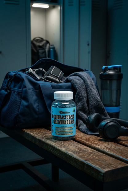 Super Nutritions Creatine Gummies bottle on a gym locker room bench with a gym bag, shaker and headphones