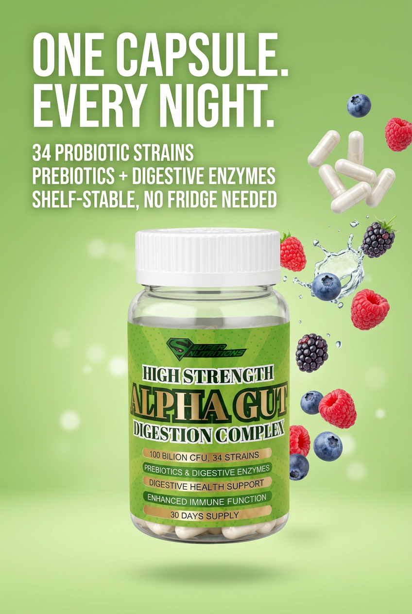 Alpha Gut advert: One capsule, every night. 34 probiotic strains, prebiotics plus digestive enzymes, shelf-stable, no fridge needed