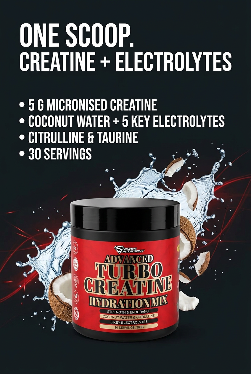 Turbo Creatine Hydration Mix advert: One scoop, creatine plus electrolytes. 5 g micronised creatine, coconut water plus 5 key electrolytes, citrulline and taurine, 30 servings