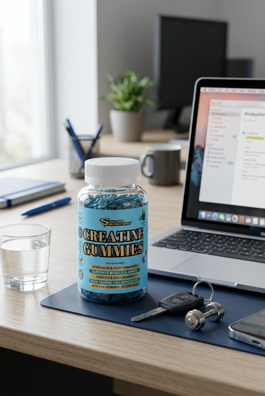 Super Nutritions Creatine Gummies bottle on an office desk with a laptop and car keys