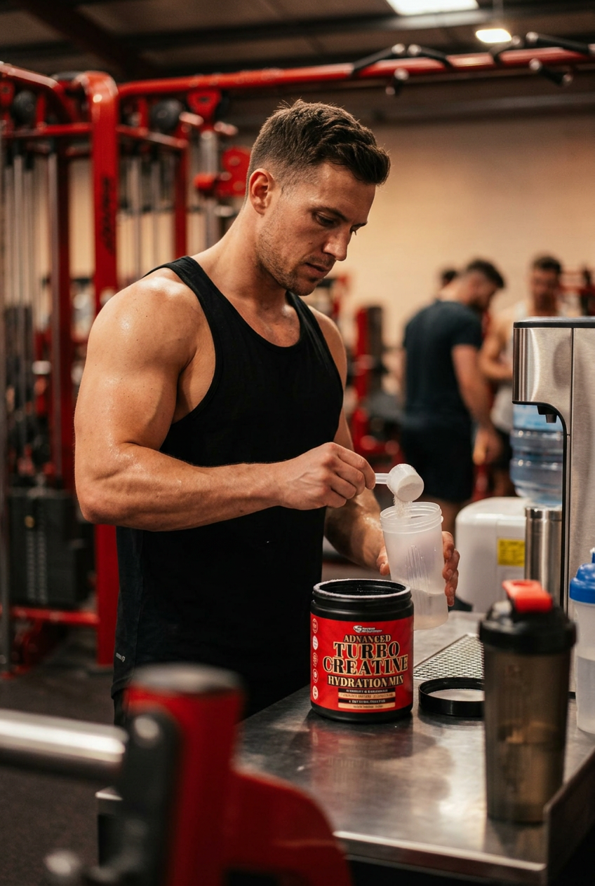 Athlete scooping Turbo Creatine Hydration Mix into a shaker bottle at a gym water station