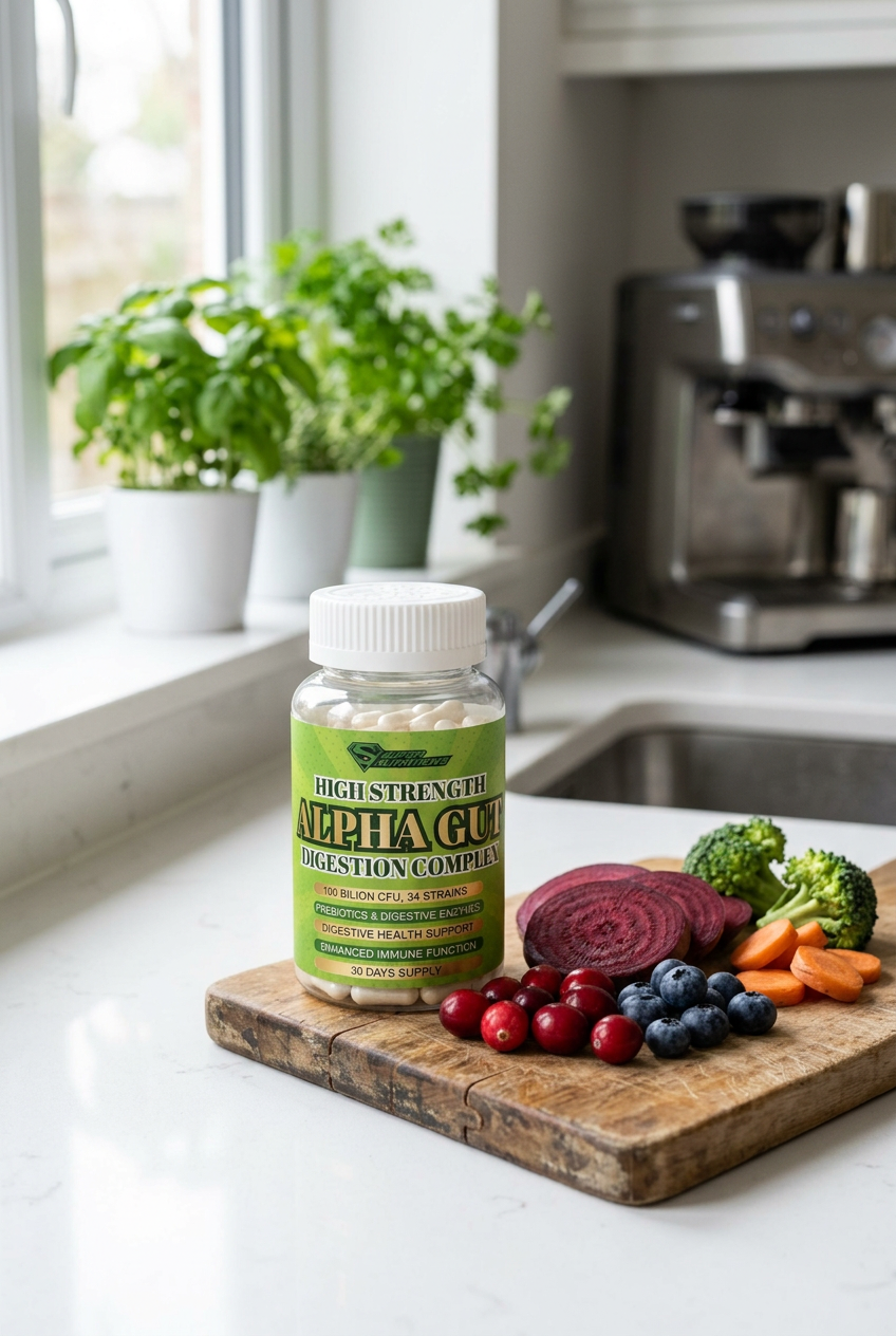 Super Nutritions Alpha Gut bottle on a kitchen counter with cranberries, blueberries, beetroot, carrot and broccoli