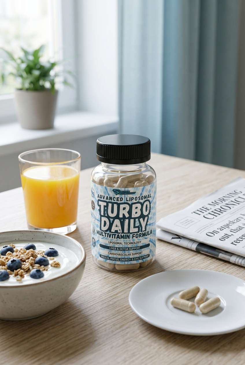 Super Nutritions Turbo Daily multivitamin bottle on a breakfast table with orange juice and yogurt with blueberries