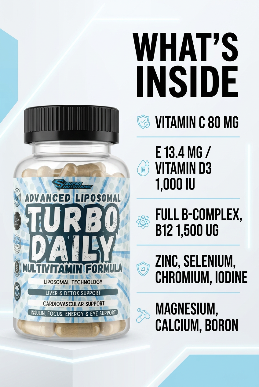 Turbo Daily advert listing what's inside: vitamin C 80 mg, E 13.4 mg, vitamin D3 1,000 IU, full B-complex with B12 1,500 µg, zinc, selenium, chromium, iodine, magnesium, calcium, boron