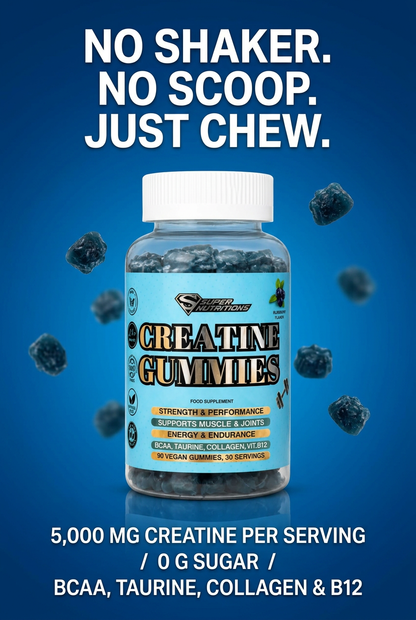 Creatine Gummies advert: No shaker, no scoop, just chew. 5,000 mg creatine per serving, 0 g sugar, BCAA, taurine, collagen and B12