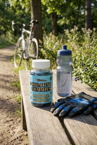 Super Nutritions Creatine Gummies bottle on a park bench with cycling gloves and a bike in the background