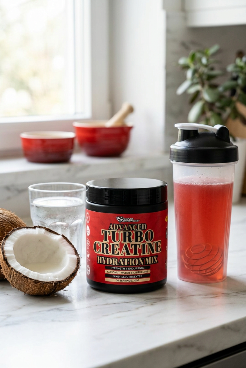 Super Nutritions Turbo Creatine Hydration Mix tub on a kitchen counter with a fresh coconut, a glass of water and a shaker