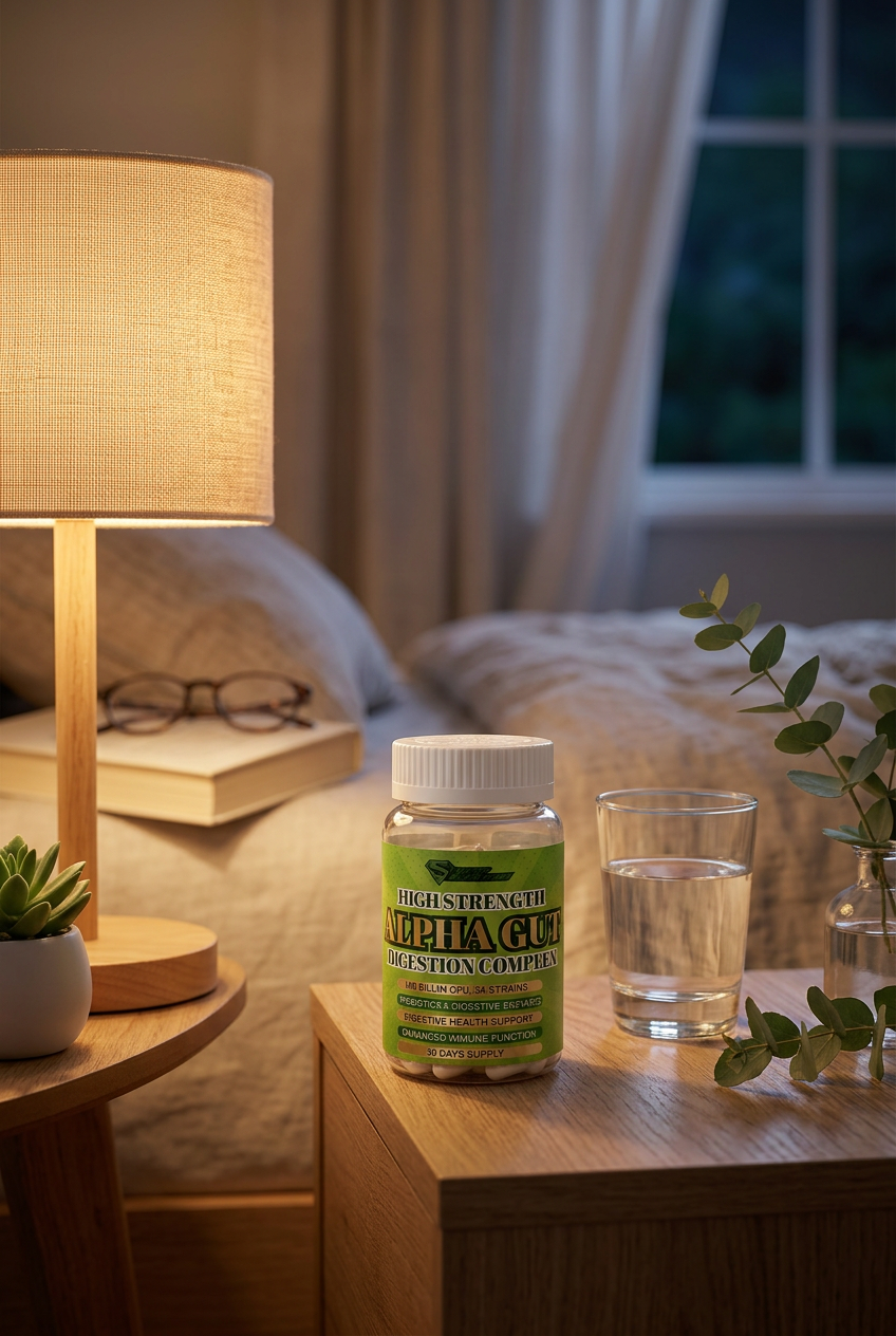 Super Nutritions Alpha Gut bottle on a bedside table with a glass of water and a warm lamp