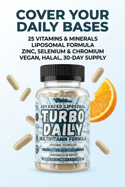 Turbo Daily advert: Cover your daily bases. 25 vitamins and minerals, liposomal formula, zinc, selenium and chromium, vegan, halal, 30-day supply