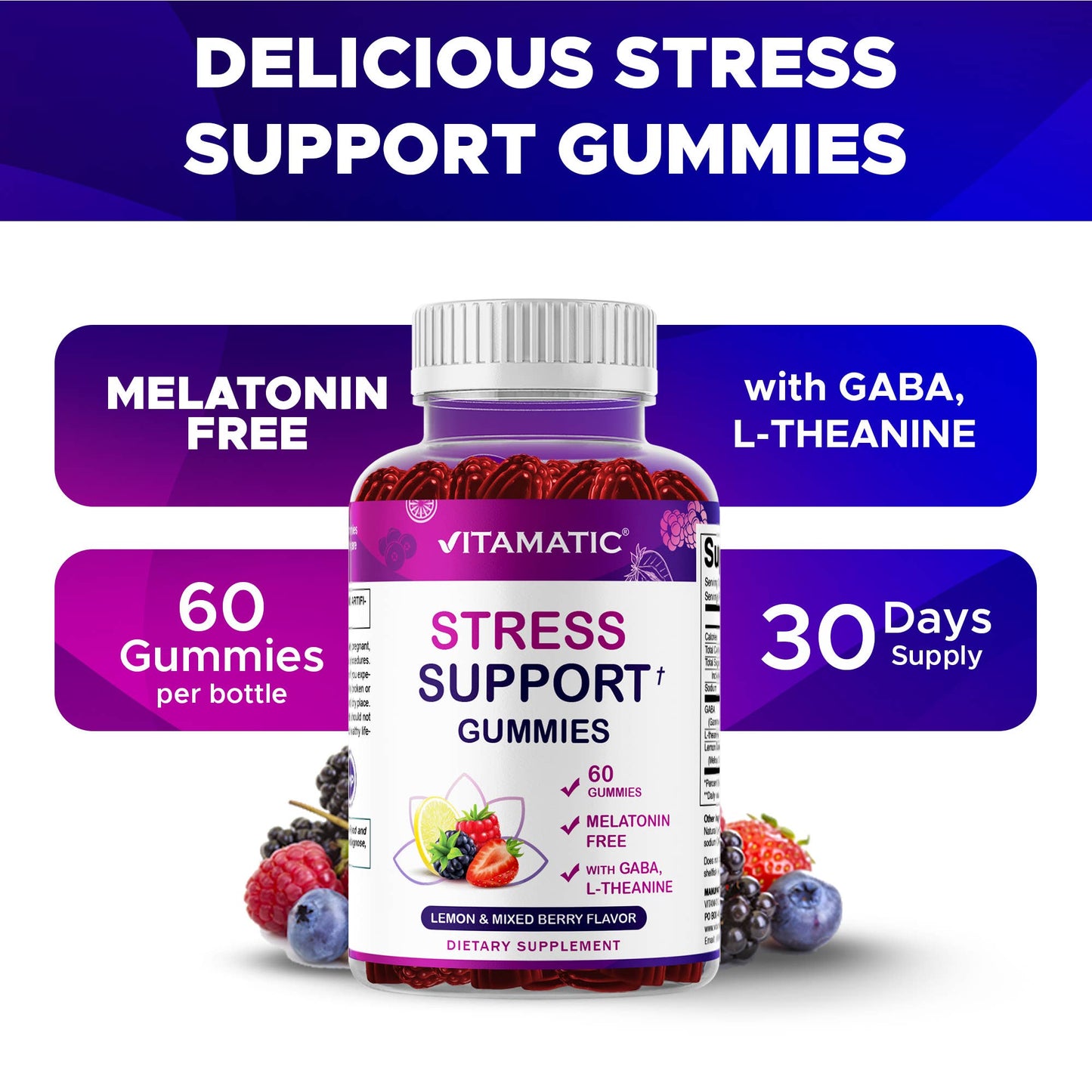 Vitamatic Stress Support Gummies bottle with colorful label and text on a white background